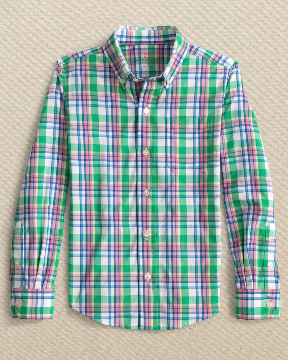 The front view of the Southern Tide Boys Intercosatal Gaspee Sport Shirt by Southern Tide - Simply Green