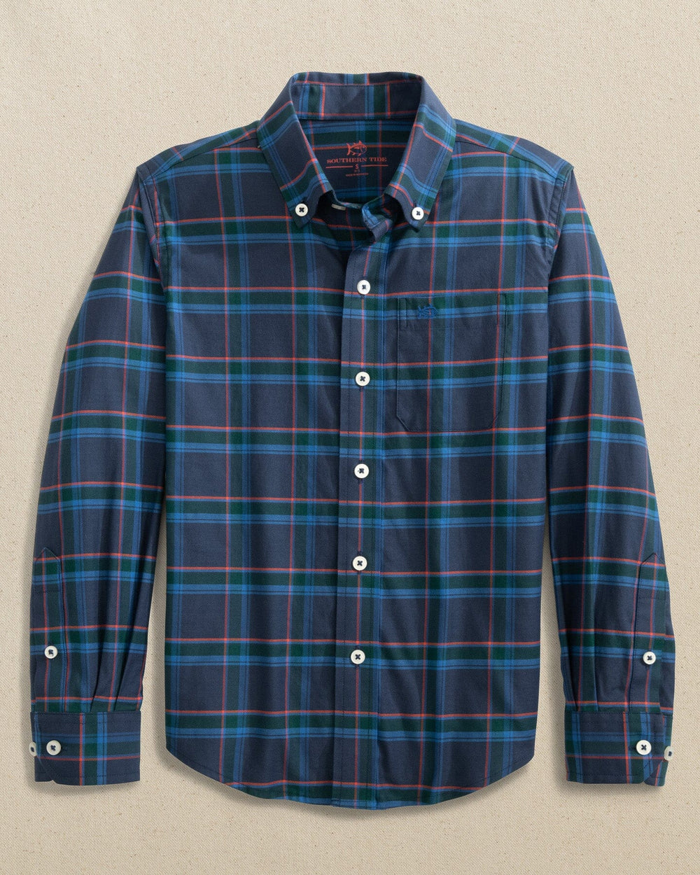 The front view of the Southern Tide Boys Jekyll Skipjack Sport Shirt by Southern Tide - Dress Blue