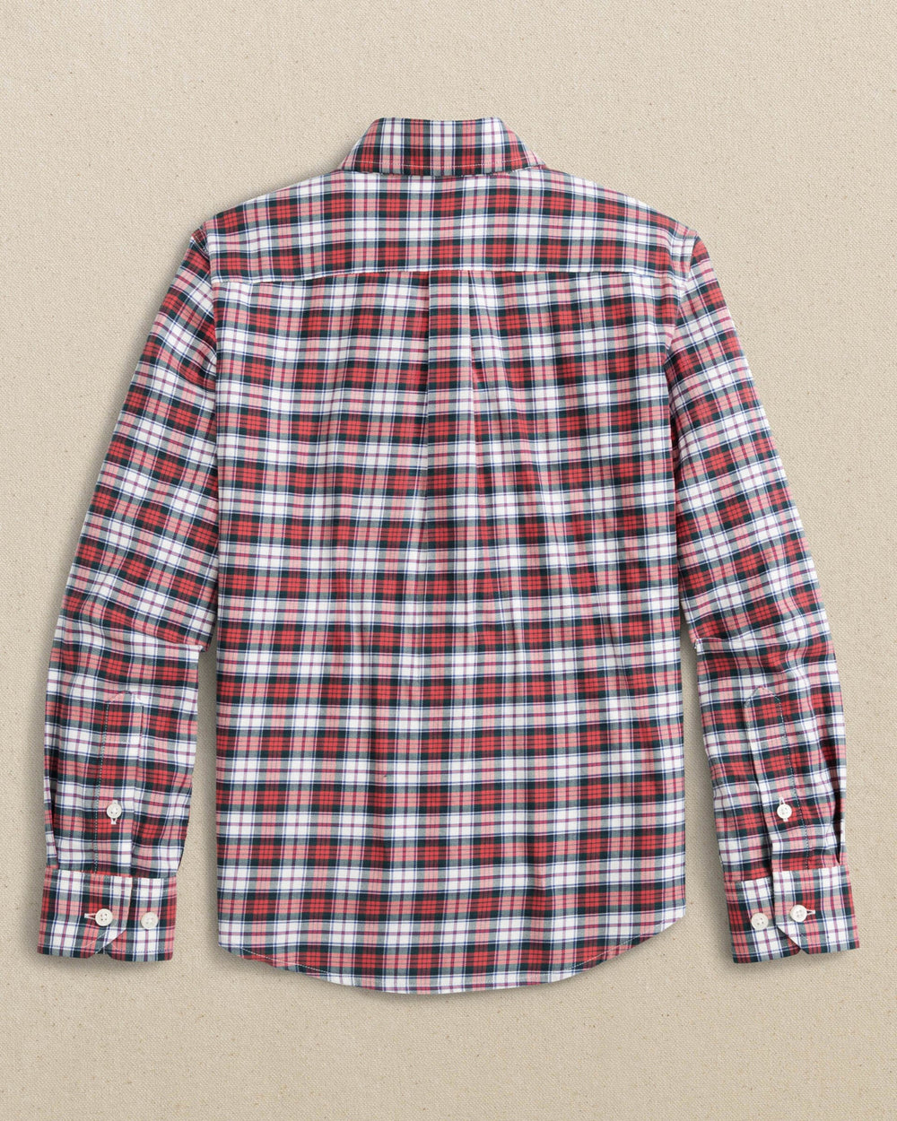The back view of the Southern Tide Boys MacDuff Tartan Skipjack Sport Shirt by Southern Tide - Crab Red