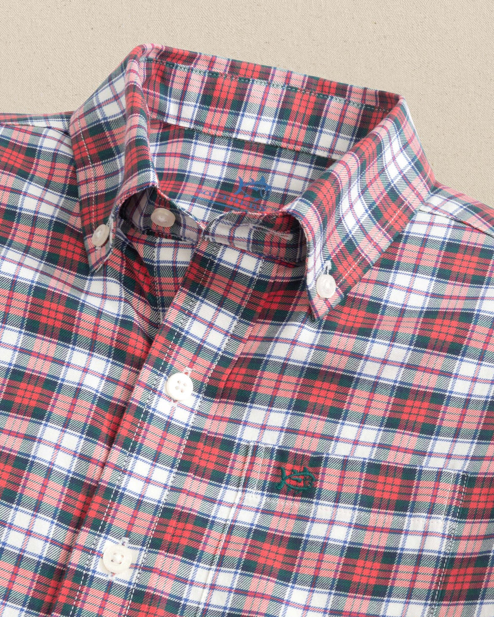 The detail view of the Southern Tide Boys MacDuff Tartan Skipjack Sport Shirt by Southern Tide - Crab Red