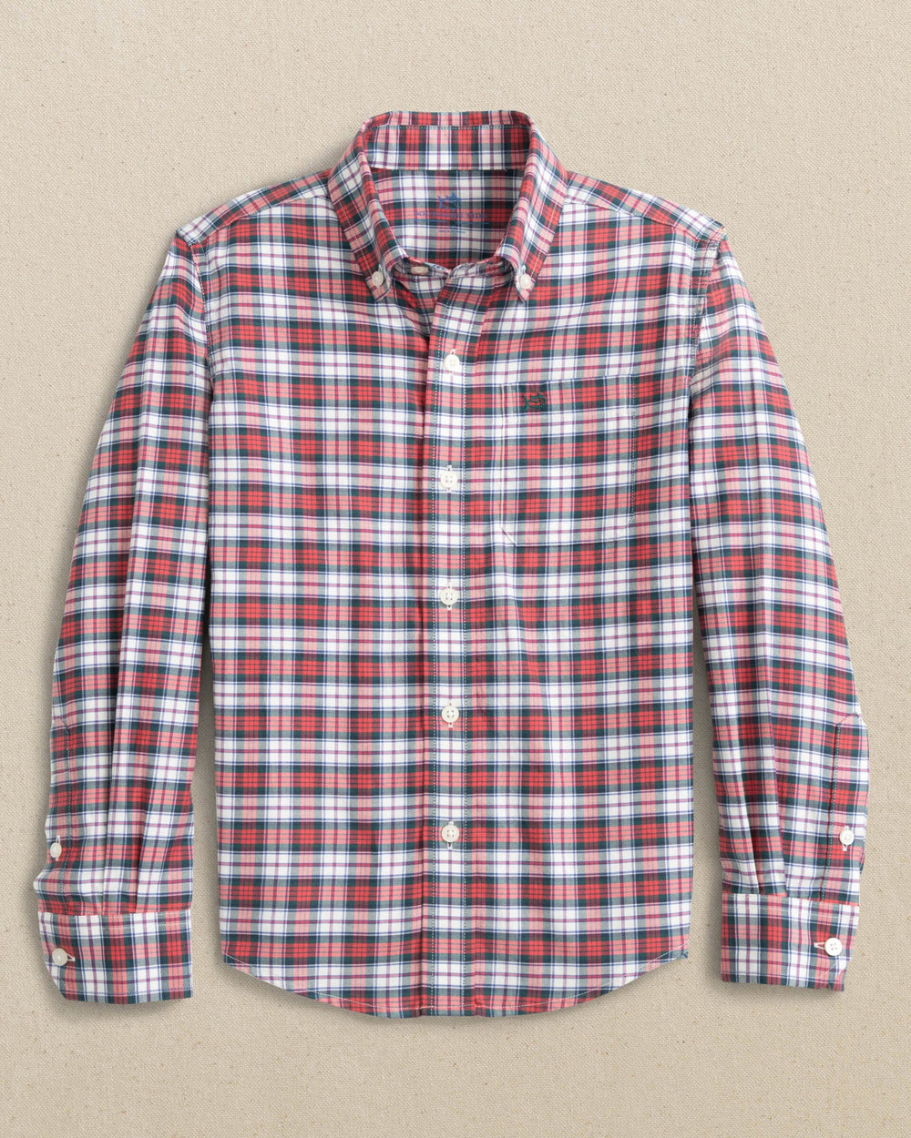 The front view of the Southern Tide Boys MacDuff Tartan Skipjack Sport Shirt by Southern Tide - Crab Red