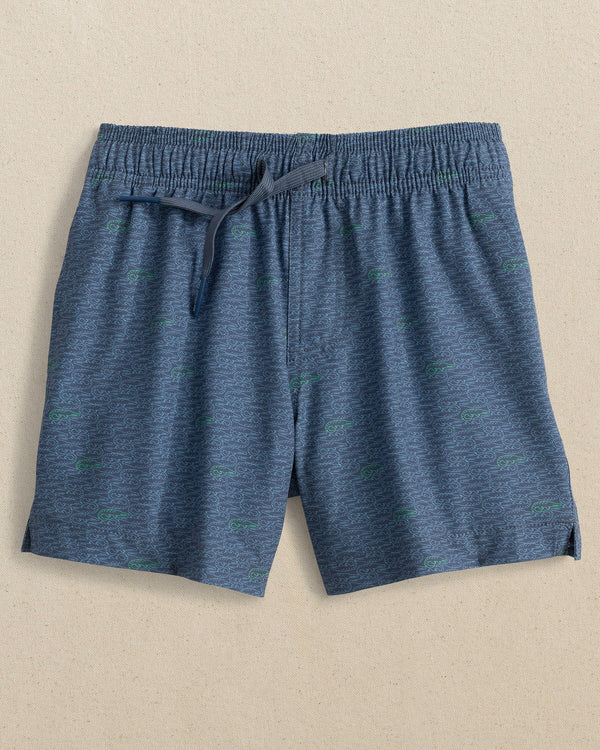 The front view of the Southern Tide Boys Make It Snappy Swim Trunk by Southern Tide - Light Indigo