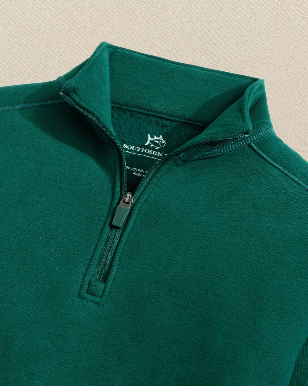 The detail view of the Southern Tide Boys Millview Fleece Quarter Zip by Southern Tide - Salt Meadow