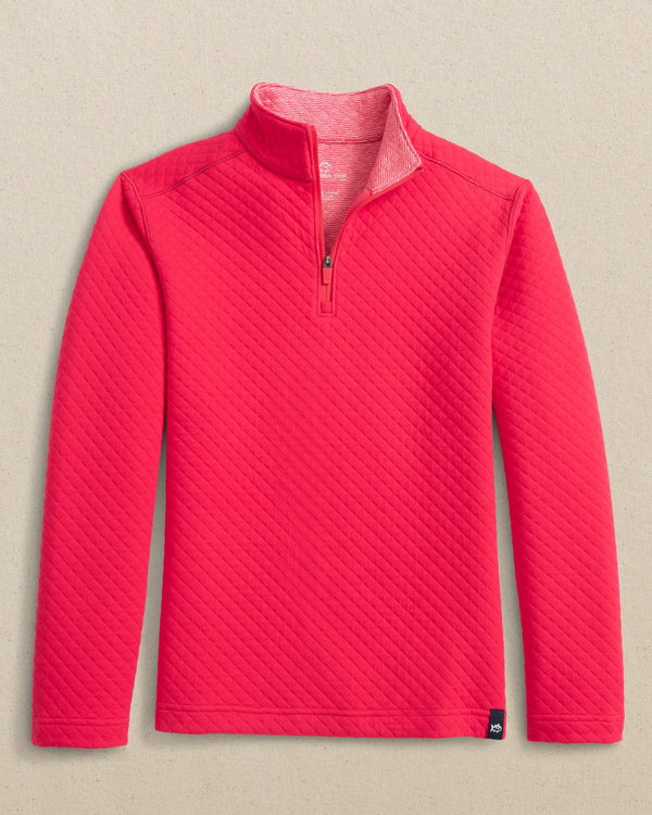 The front view of the Southern Tide Boys Oak Island Quarter Zip by Southern Tide - Grenadine Red