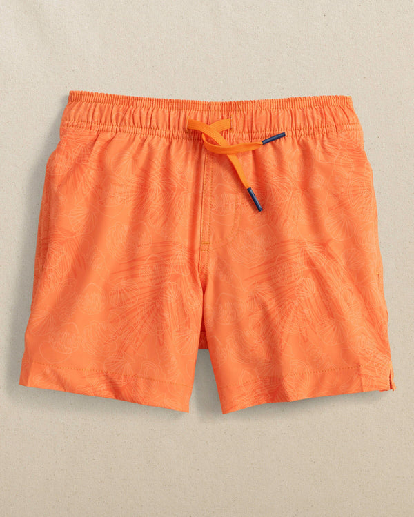 The front view of the Southern Tide Boys Palm-tree-cation Swim Trunk by Southern Tide - Papaya Orange