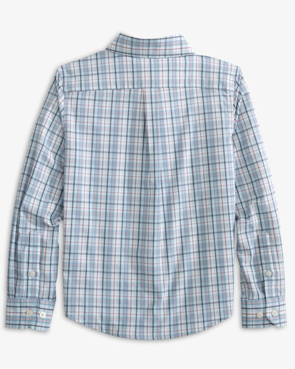 The back view of the Southern Tide Boys Patton Plaid Intercoastal Long Sleeve Sportshirt by Southern Tide - Dream Blue