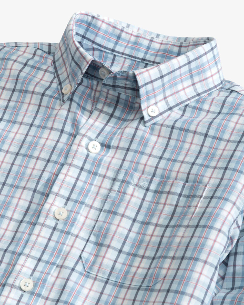 The detail view of the Southern Tide Boys Patton Plaid Intercoastal Long Sleeve Sportshirt by Southern Tide - Dream Blue