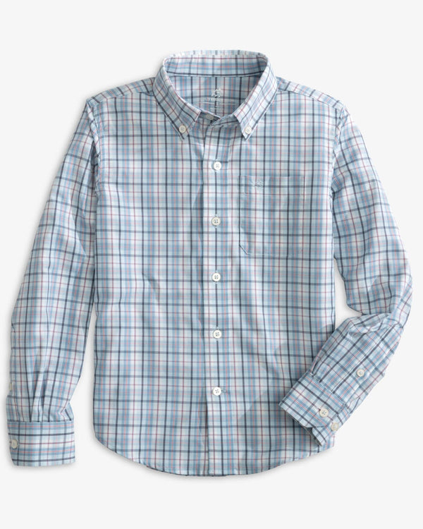 The front view of the Southern Tide Boys Patton Plaid Intercoastal Long Sleeve Sportshirt by Southern Tide - Dream Blue