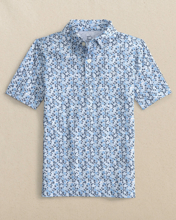 The front view of the Southern Tide Boys Petal Party Printed Performance Polo by Southern Tide - Classic White