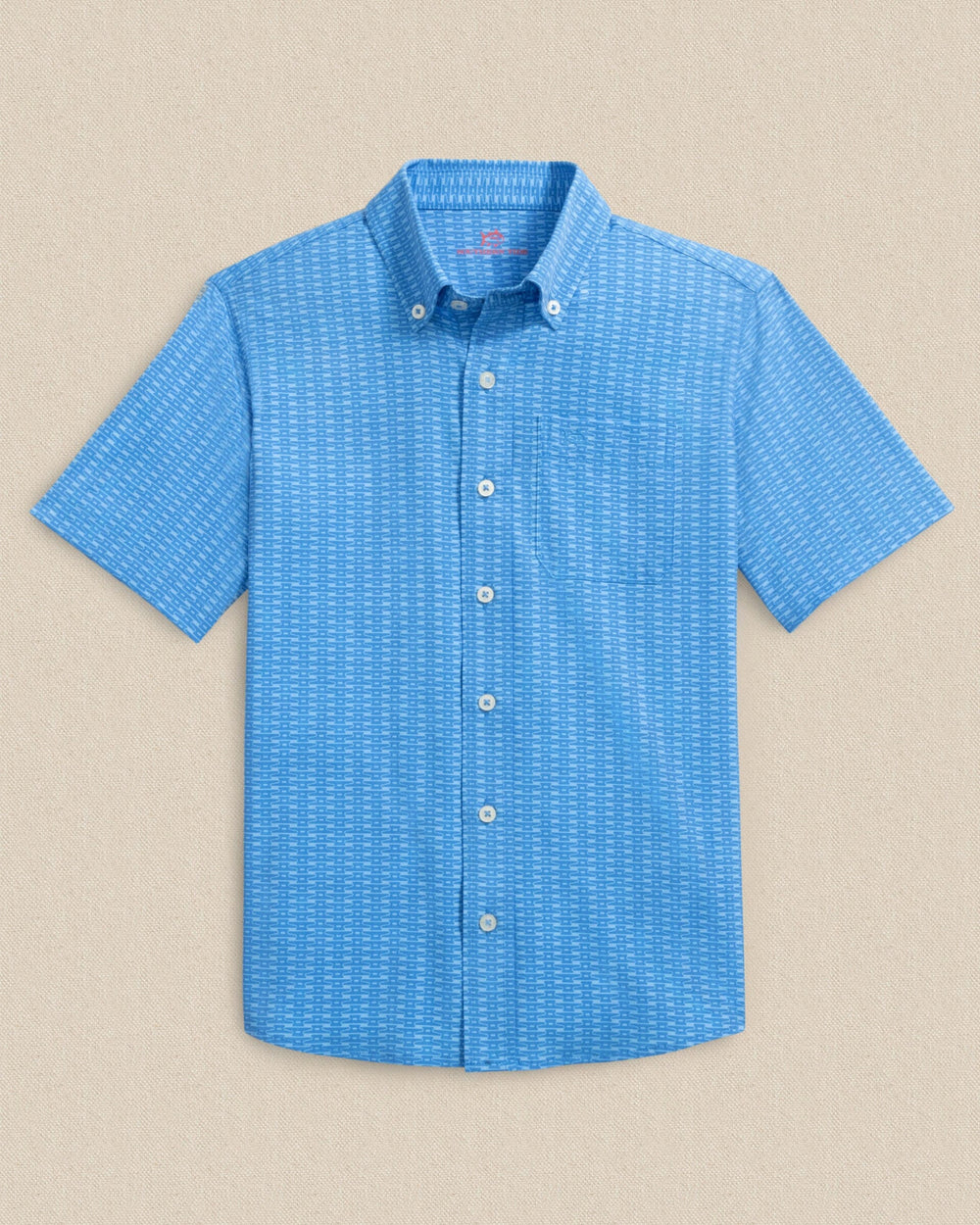 The front view of the Southern Tide Boys Pop Lock & Dock It Coastal Breeze® Short Sleeve Sport Shirt by Southern Tide - Blue Stream