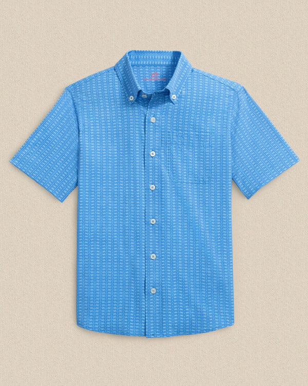 The front view of the Southern Tide Boys Pop Lock & Dock It Coastal Breeze® Short Sleeve Sport Shirt by Southern Tide - Blue Stream