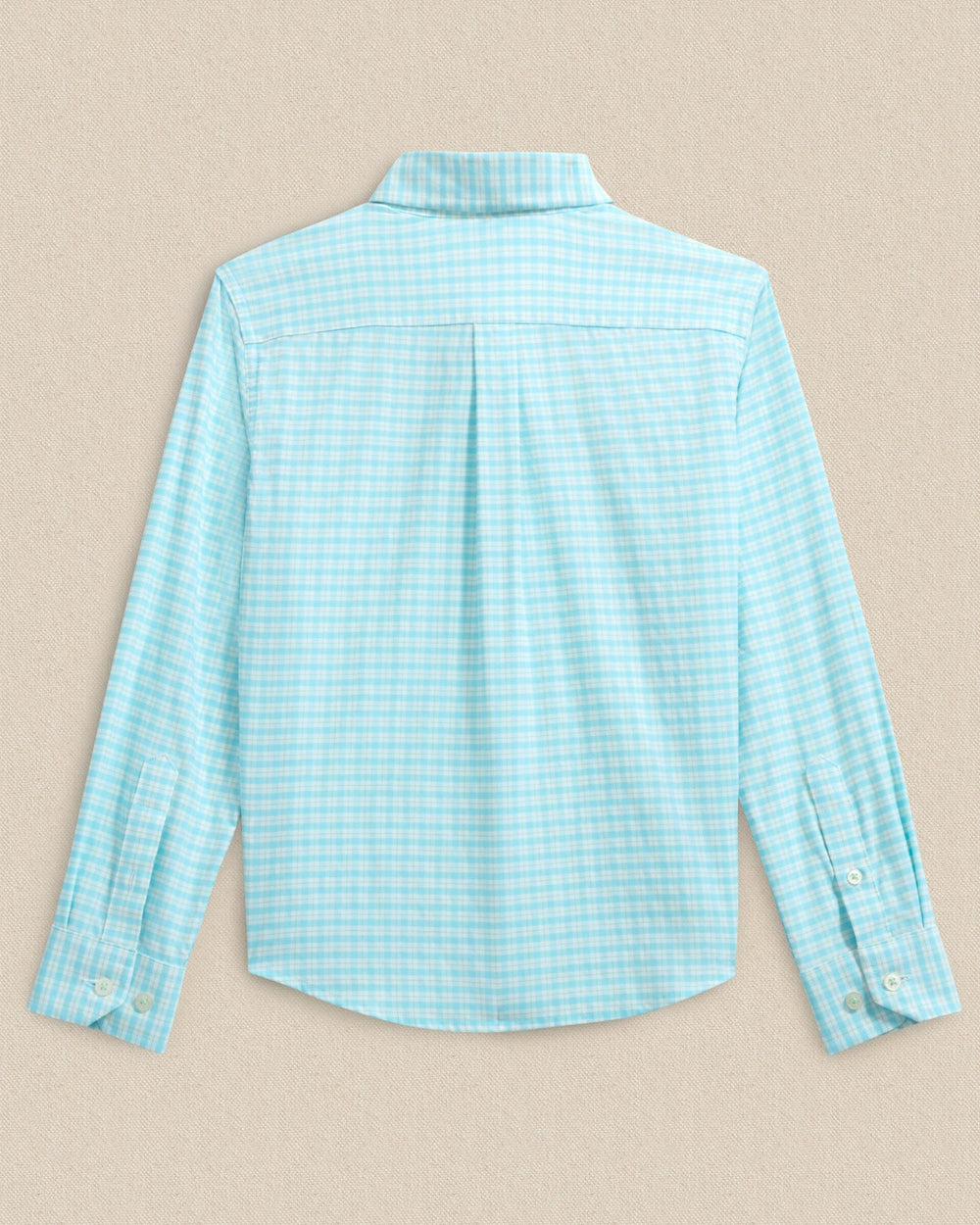 The back view of the Southern Tide Boys Precheck Plaid Coastal Breeze® Sport Shirt by Southern Tide - Tropical Breeze Blue
