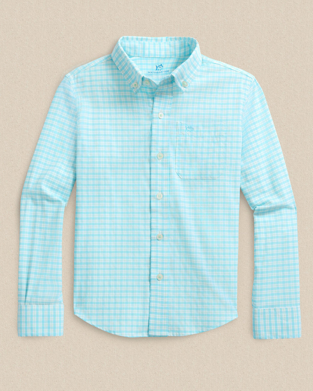 The front view of the Southern Tide Boys Precheck Plaid Coastal Breeze® Sport Shirt by Southern Tide - Tropical Breeze Blue
