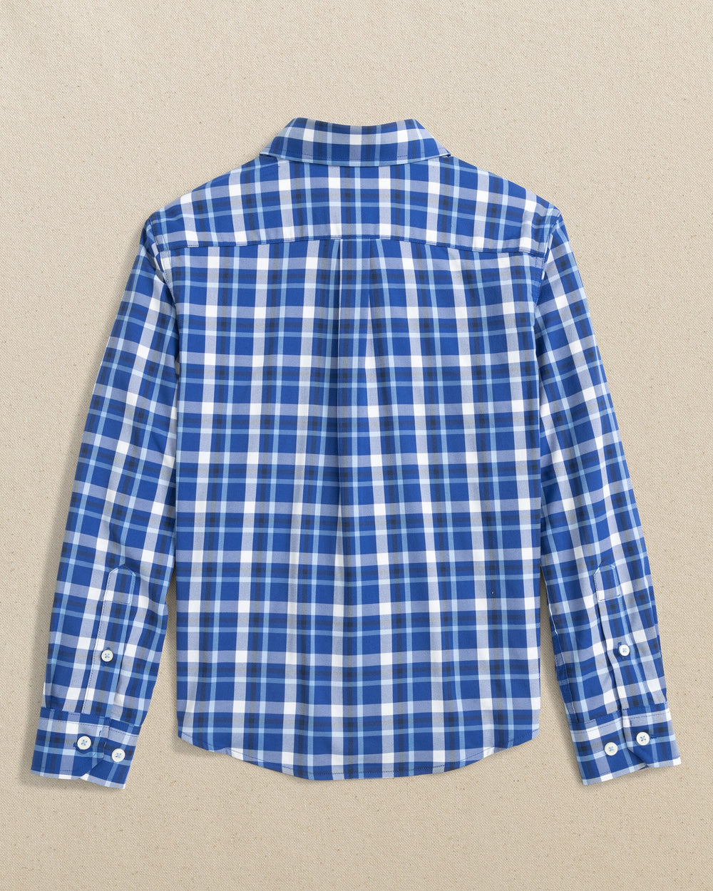 The back view of the Southern Tide Boys River Ridge Plaid Intercoastal Long Sleeve Sport Shirt by Southern Tide - Surf Blue