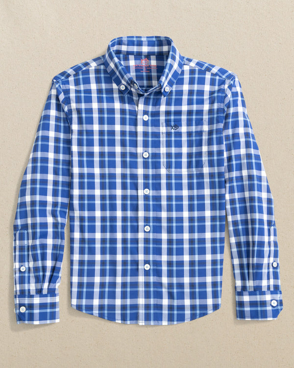 The front view of the Southern Tide Boys River Ridge Plaid Intercoastal Long Sleeve Sport Shirt by Southern Tide - Surf Blue