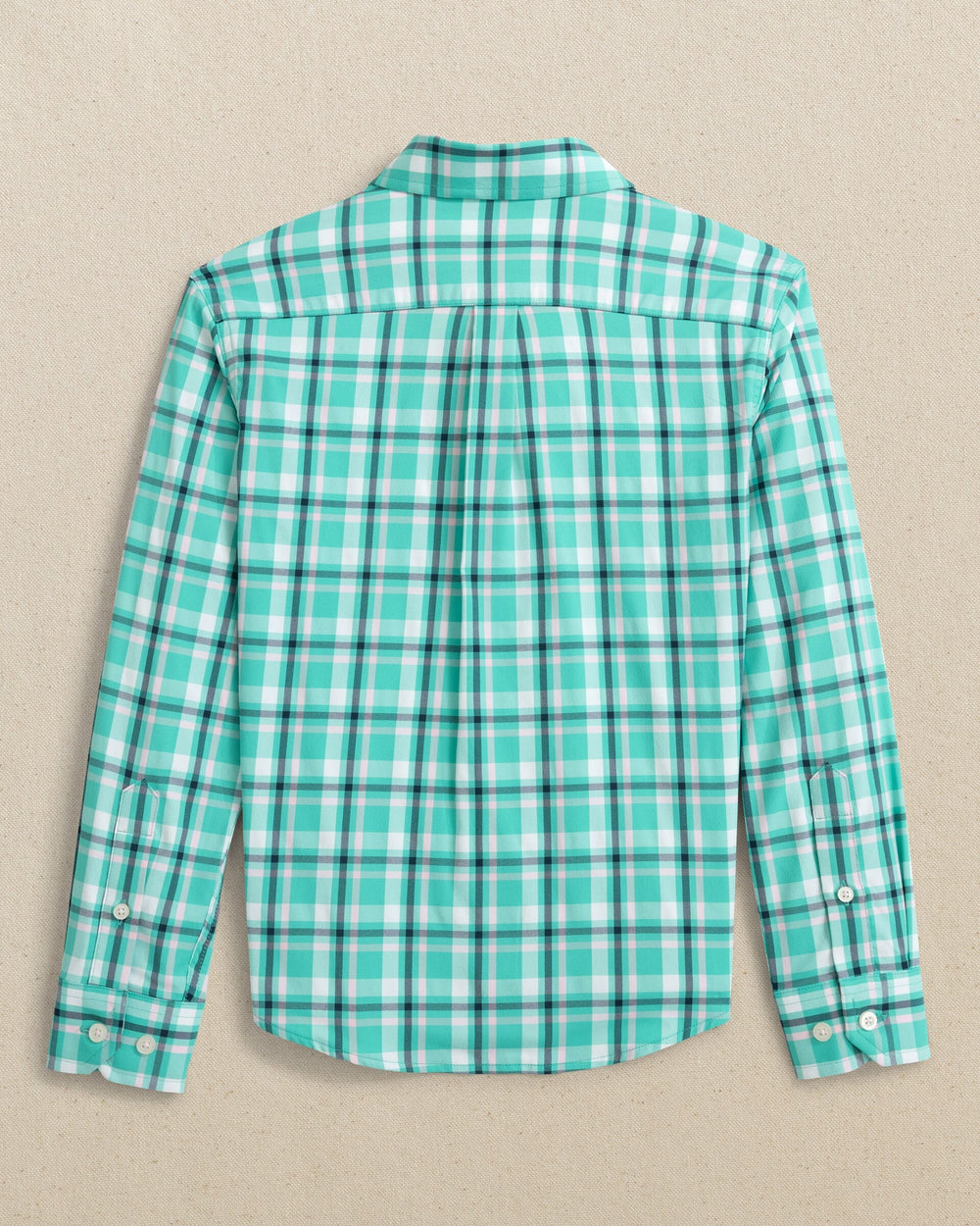 The back view of the Southern Tide Boys River Ridge Plaid Intercoastal Long Sleeve Sport Shirt by Southern Tide - Turtle Green