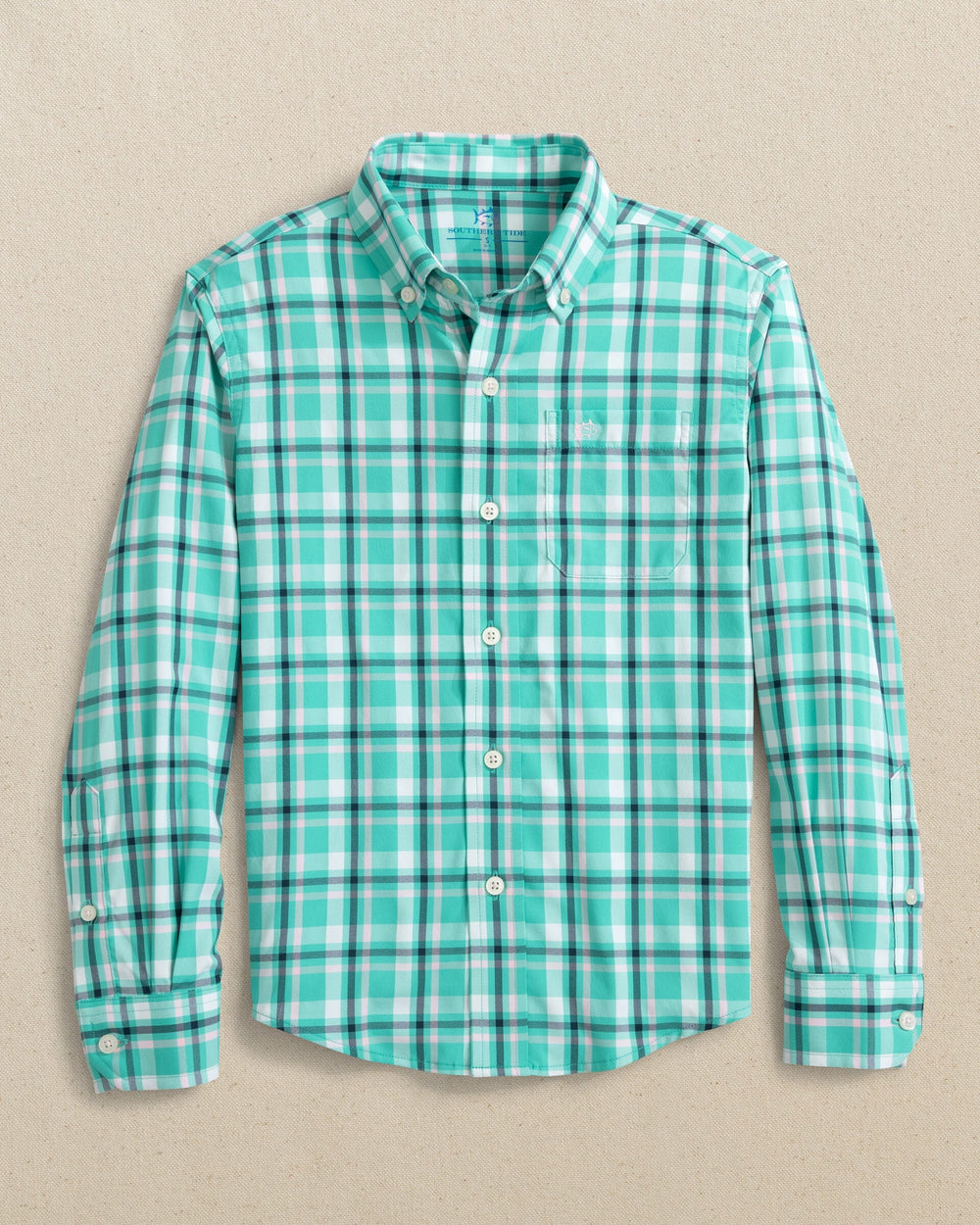 The front view of the Southern Tide Boys River Ridge Plaid Intercoastal Long Sleeve Sport Shirt by Southern Tide - Turtle Green