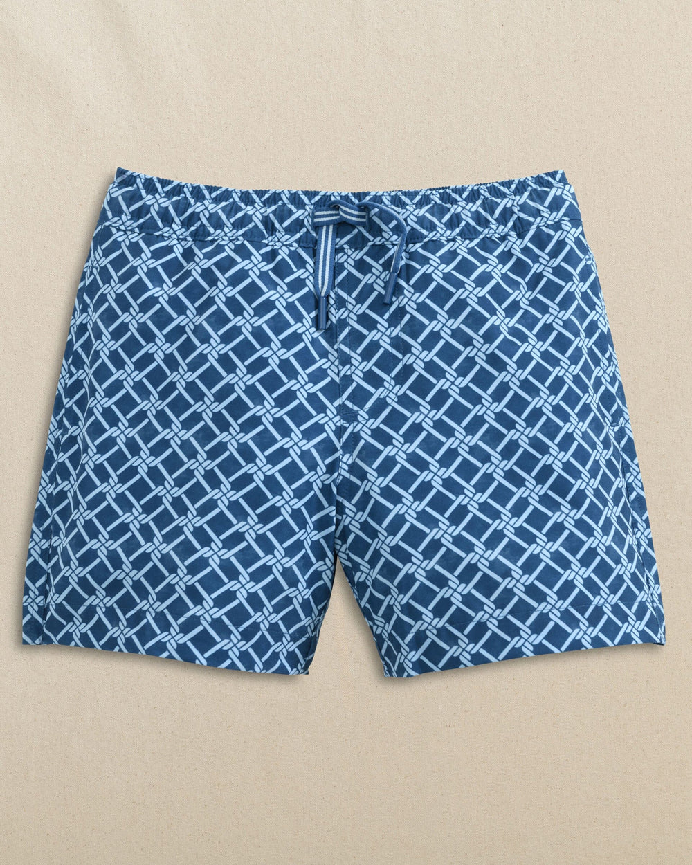 The front view of the Southern Tide Boys Rope Geo Maritime Swim Trunk by Southern Tide - Nautical Blue