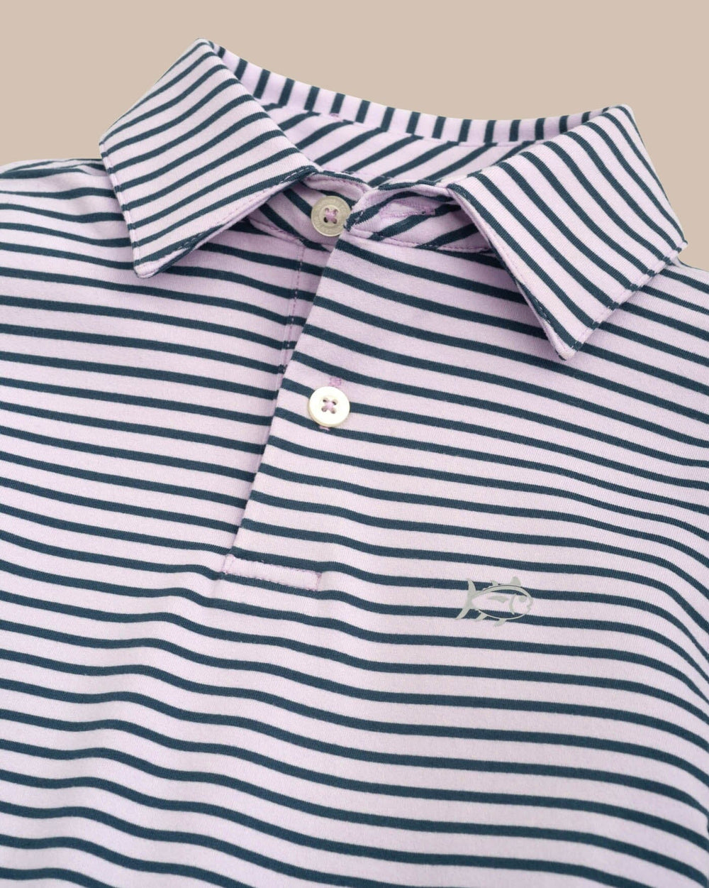 The detail view of the Southern Tide Boys Ryder Heather Marin Stripe Performance Polo Shirt by Southern Tide - Heather Orchid Petal