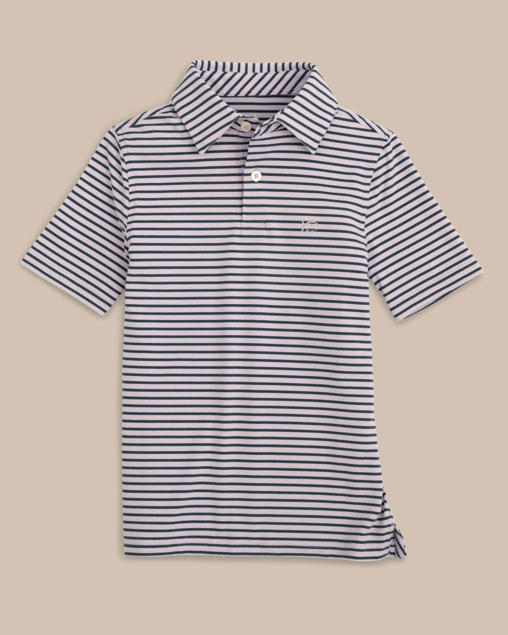 The front view of the Southern Tide Boys Ryder Heather Marin Stripe Performance Polo Shirt by Southern Tide - Heather Orchid Petal