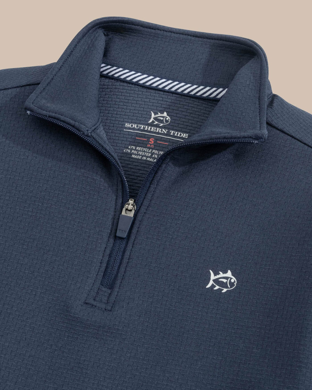 The detail view of the Southern Tide Boys Schooner Quarter Zip by Southern Tide - Dress Blue