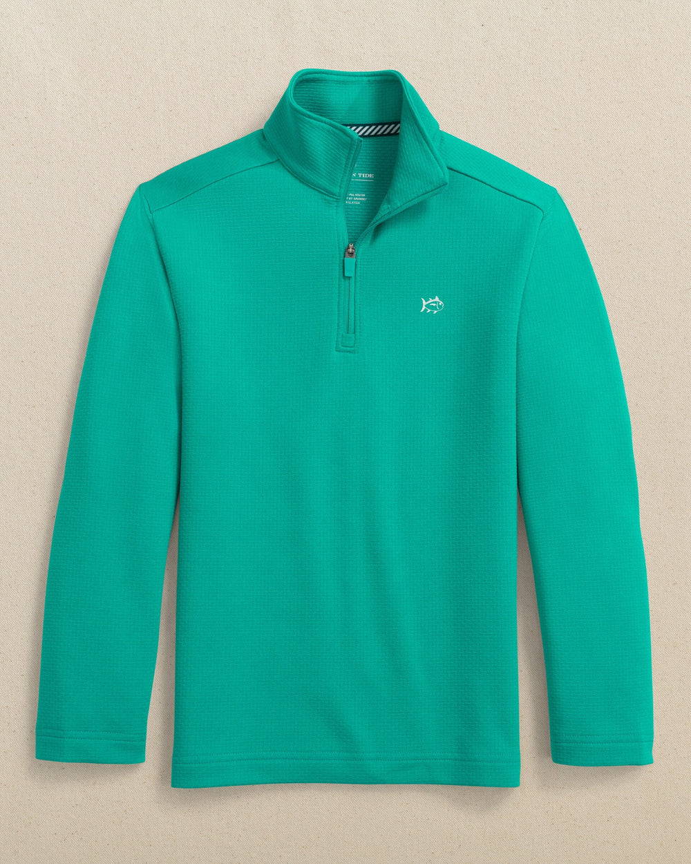 The front view of the Southern Tide Boys Schooner Quarter Zip by Southern Tide - Spruce Shade