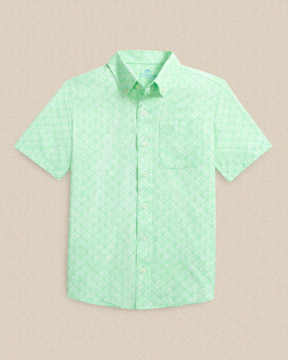 The front view of the Southern Tide Boys Seashell Cove Coastal Breeze® Short Sleeve Sport Shirt by Southern Tide - Green Ash