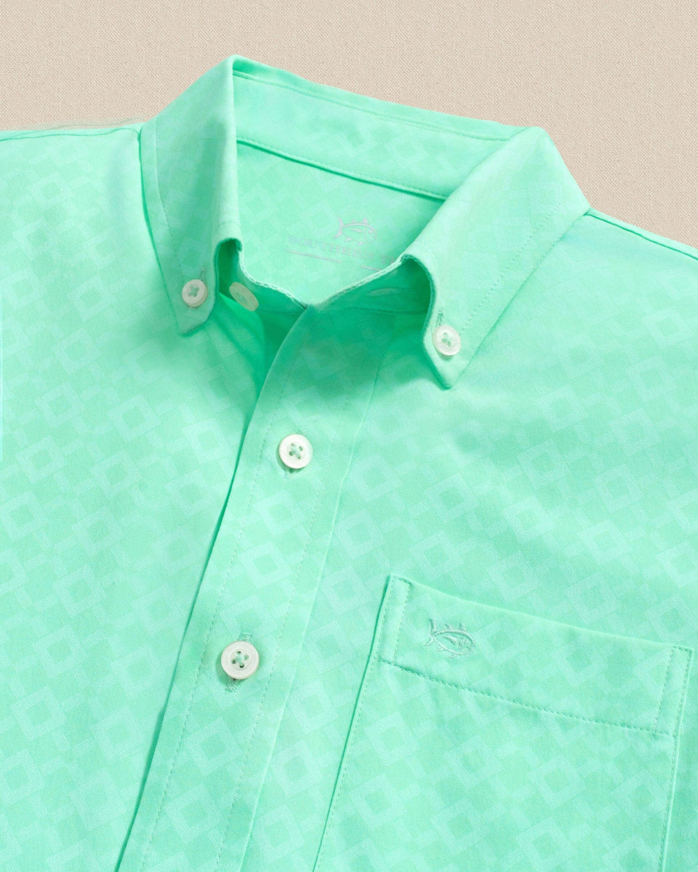 The detail view of the Southern Tide Boys Seaside Geo Coastal Breeze® Short Sleeve Sport Shirt by Southern Tide - Gulf Shores