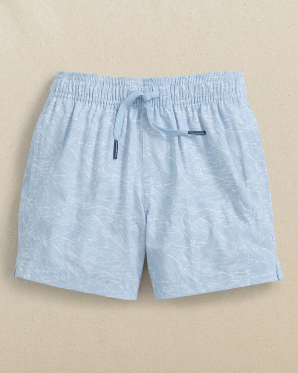 The front view of the Southern Tide Boys Shark Bait Swim Trunk by Southern Tide - Cerulean