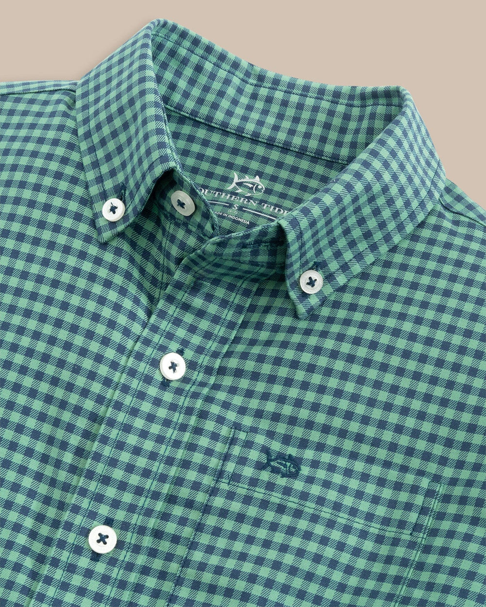 The detail view of the Southern Tide Boys Shemwood Plaid Skipjack Sport Shirt by Southern Tide - Frosty Spruce