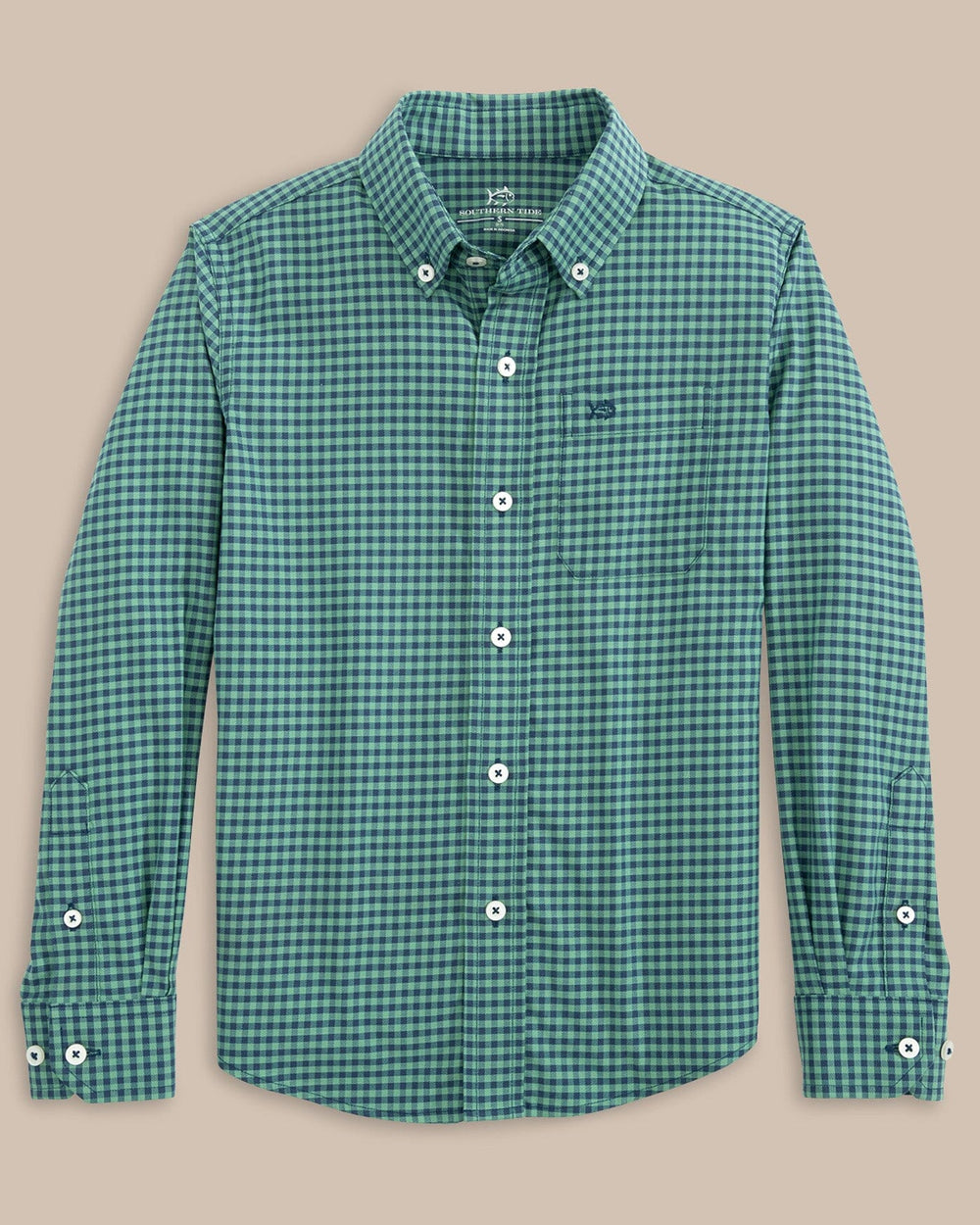 The front view of the Southern Tide Boys Shemwood Plaid Skipjack Sport Shirt by Southern Tide - Frosty Spruce