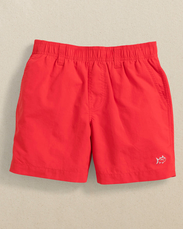The front view of the Southern Tide Boys Shoreline Active Short by Southern Tide - Poppy Red