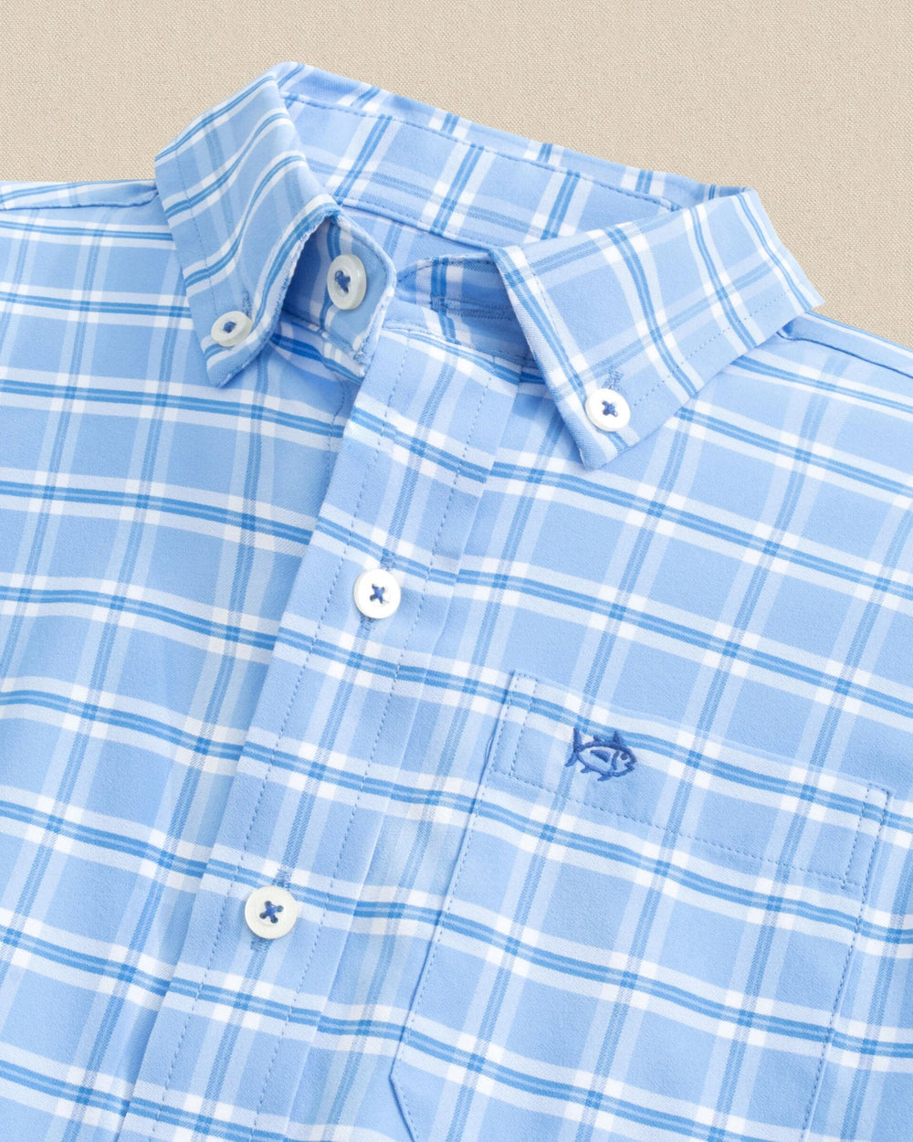 The detail view of the Southern Tide Boys South Beach Plaid Coastal Breeze® Sport Shirt by Southern Tide - Ocean Channel
