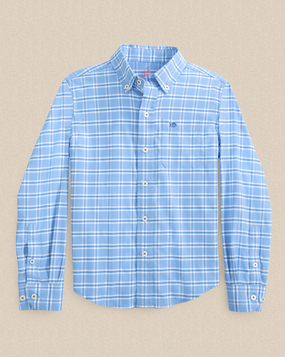 The front view of the Southern Tide Boys South Beach Plaid Coastal Breeze® Sport Shirt by Southern Tide - Ocean Channel