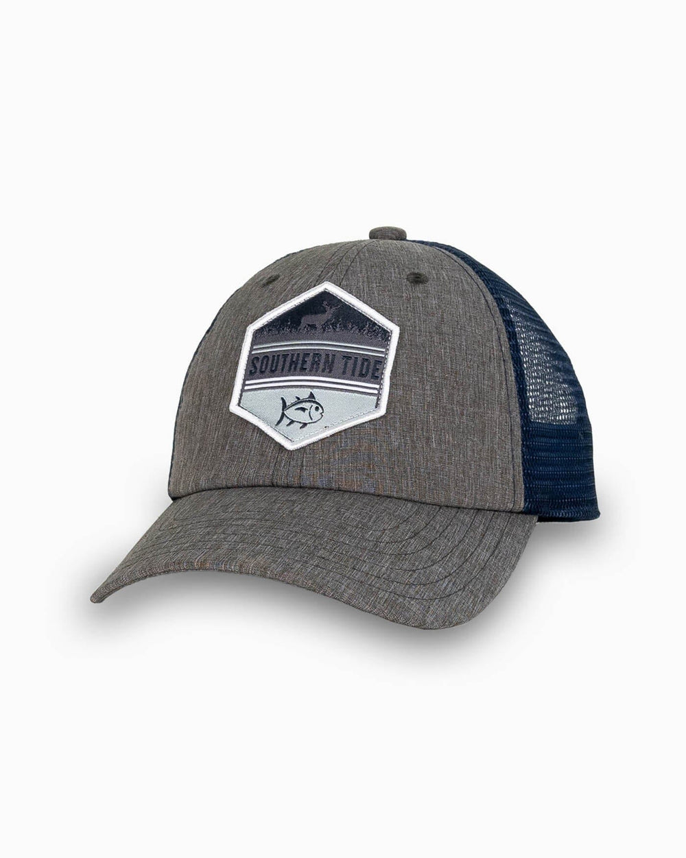 The front view of the Southern Tide Boys ST Deer Hexagon Trucker Hat by Southern Tide - Grey