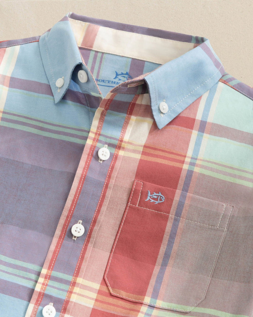 The detail view of the Southern Tide Boys Surfside Madras Sport Shirt by Southern Tide - White Sand