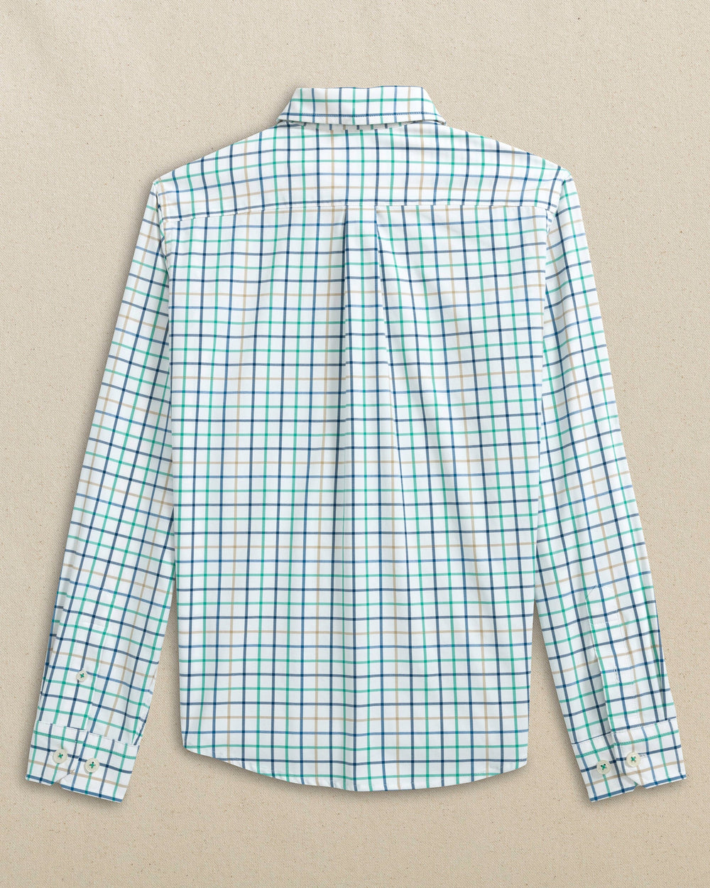 The back view of the Southern Tide Boys Tradewind Tattersal Skipjack Sport Shirt by Southern Tide - Persian Green