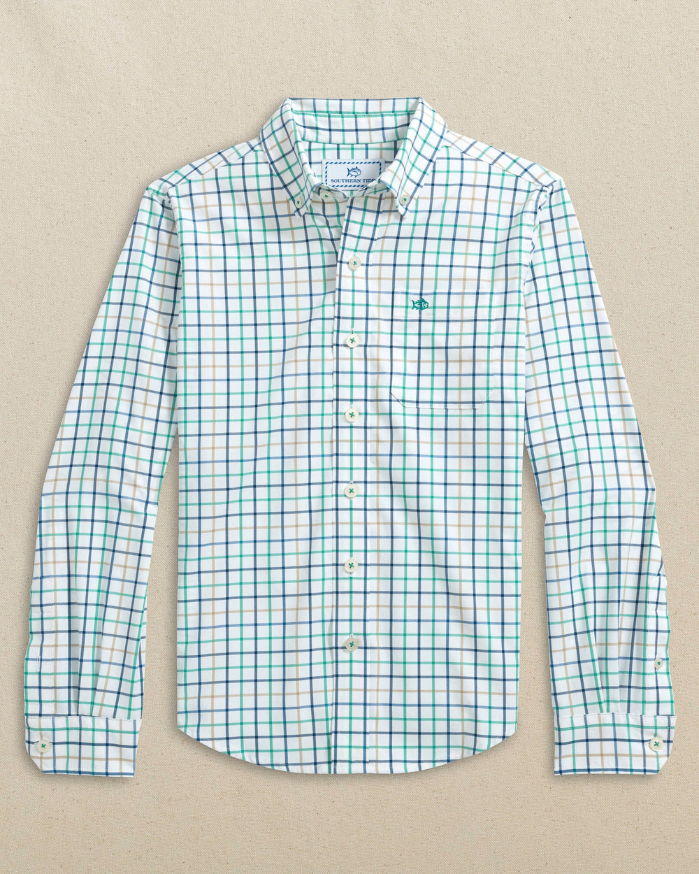 The front view of the Southern Tide Boys Tradewind Tattersal Skipjack Sport Shirt by Southern Tide - Persian Green