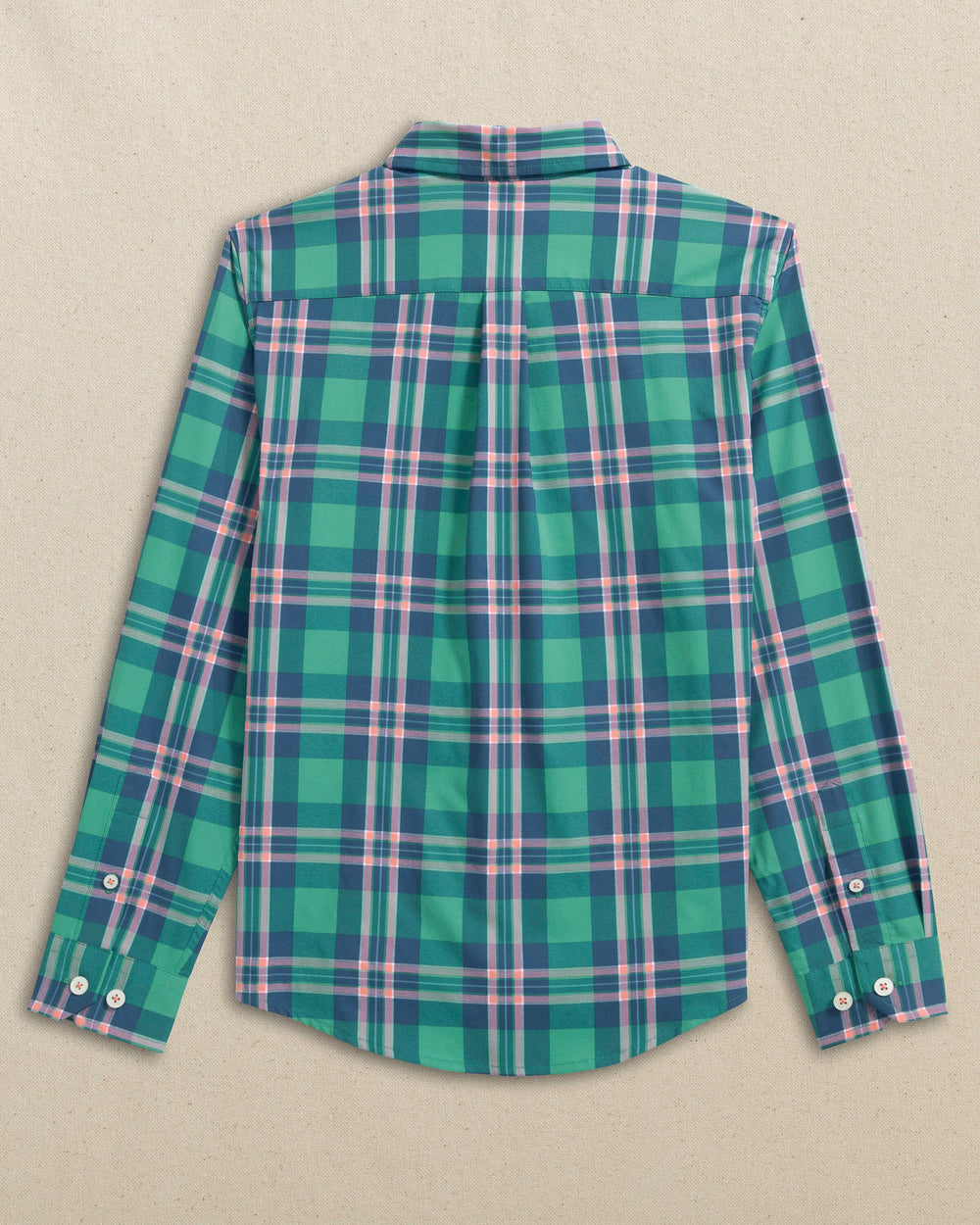 The back view of the Southern Tide Boys Village Beach Plaid Skipjack Sport Shirt by Southern Tide - Persian Green