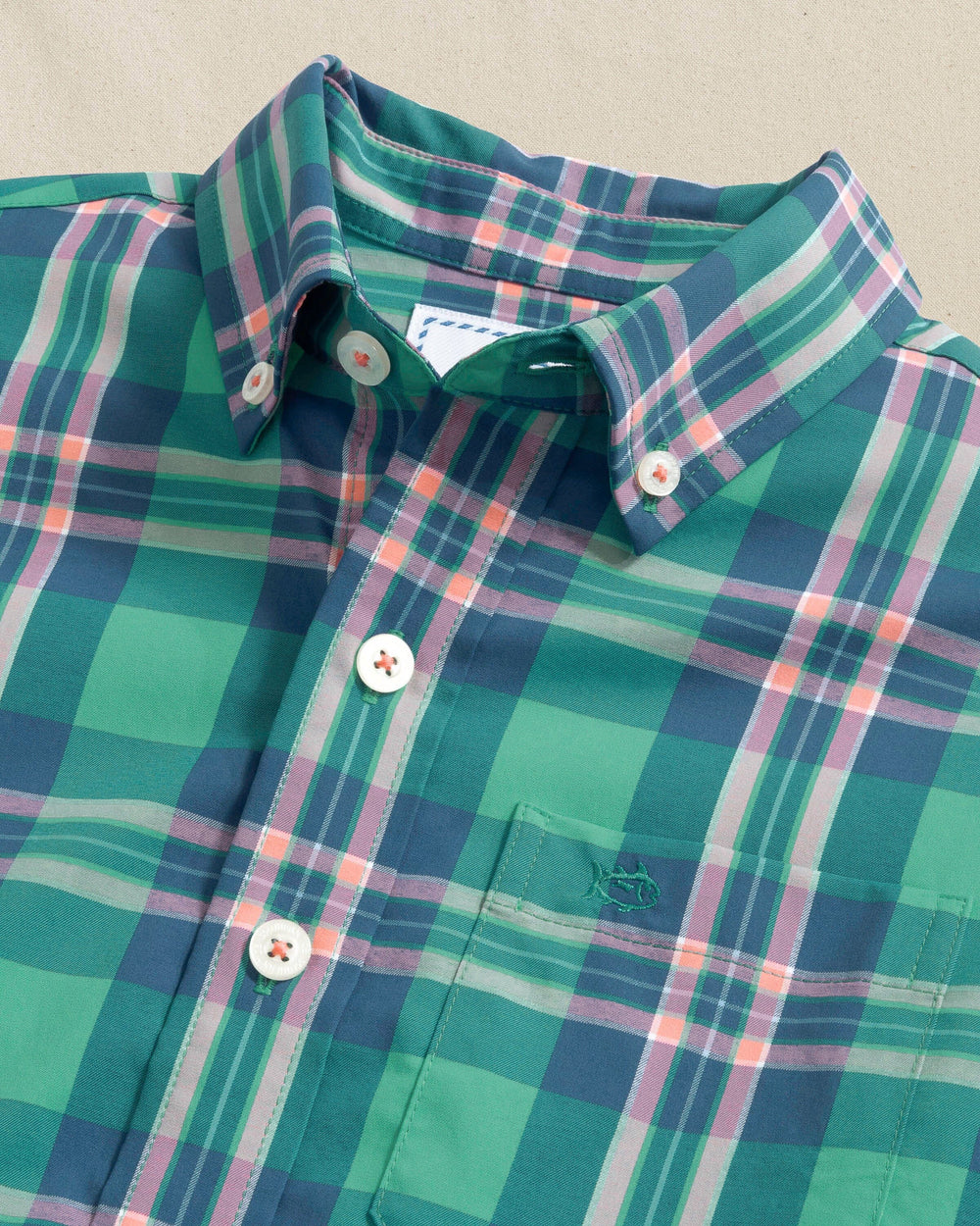 The detail view of the Southern Tide Boys Village Beach Plaid Skipjack Sport Shirt by Southern Tide - Persian Green