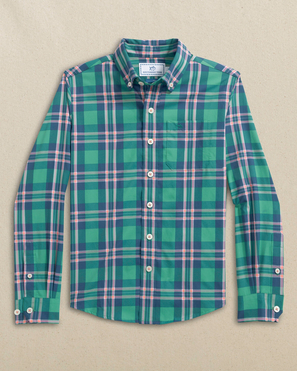 The front view of the Southern Tide Boys Village Beach Plaid Skipjack Sport Shirt by Southern Tide - Persian Green