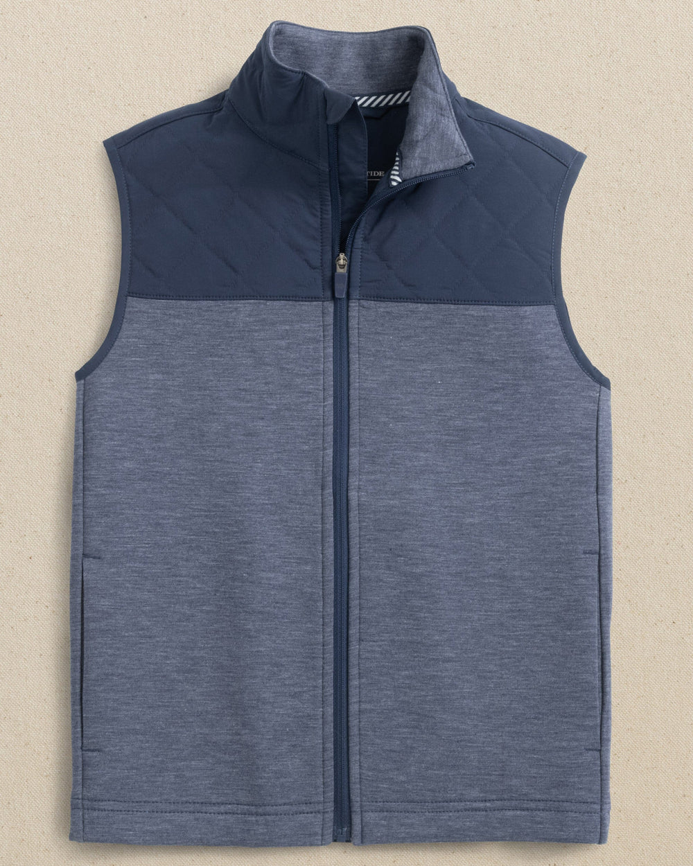 The front view of the Southern Tide Boys Waterfront Quilted Vest by Southern Tide - Dress Blue