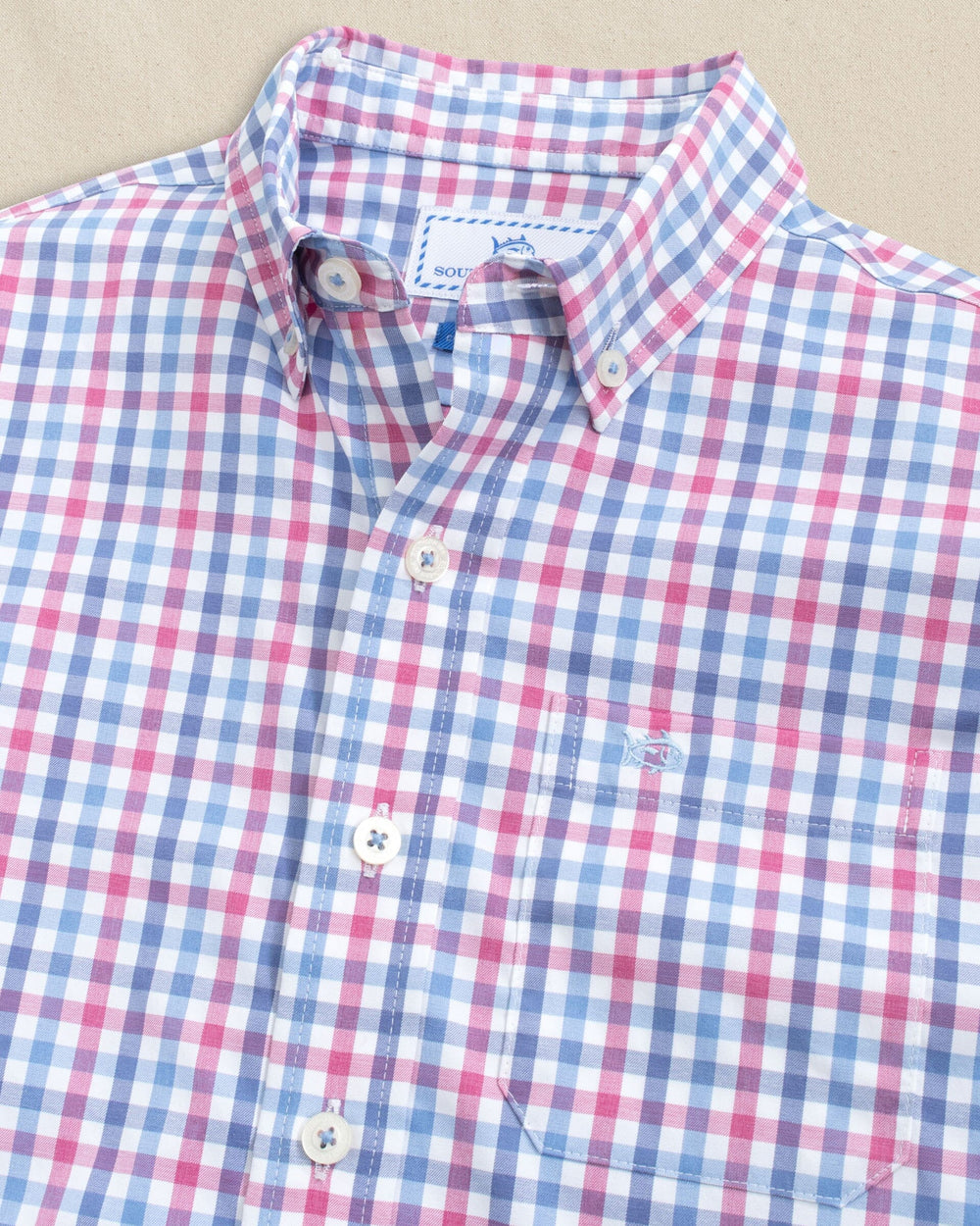 The detail view of the Southern Tide Boys Willow Oak Heather Coastal Breeze® Sport Shirt by Southern Tide - Heather Boat Lily