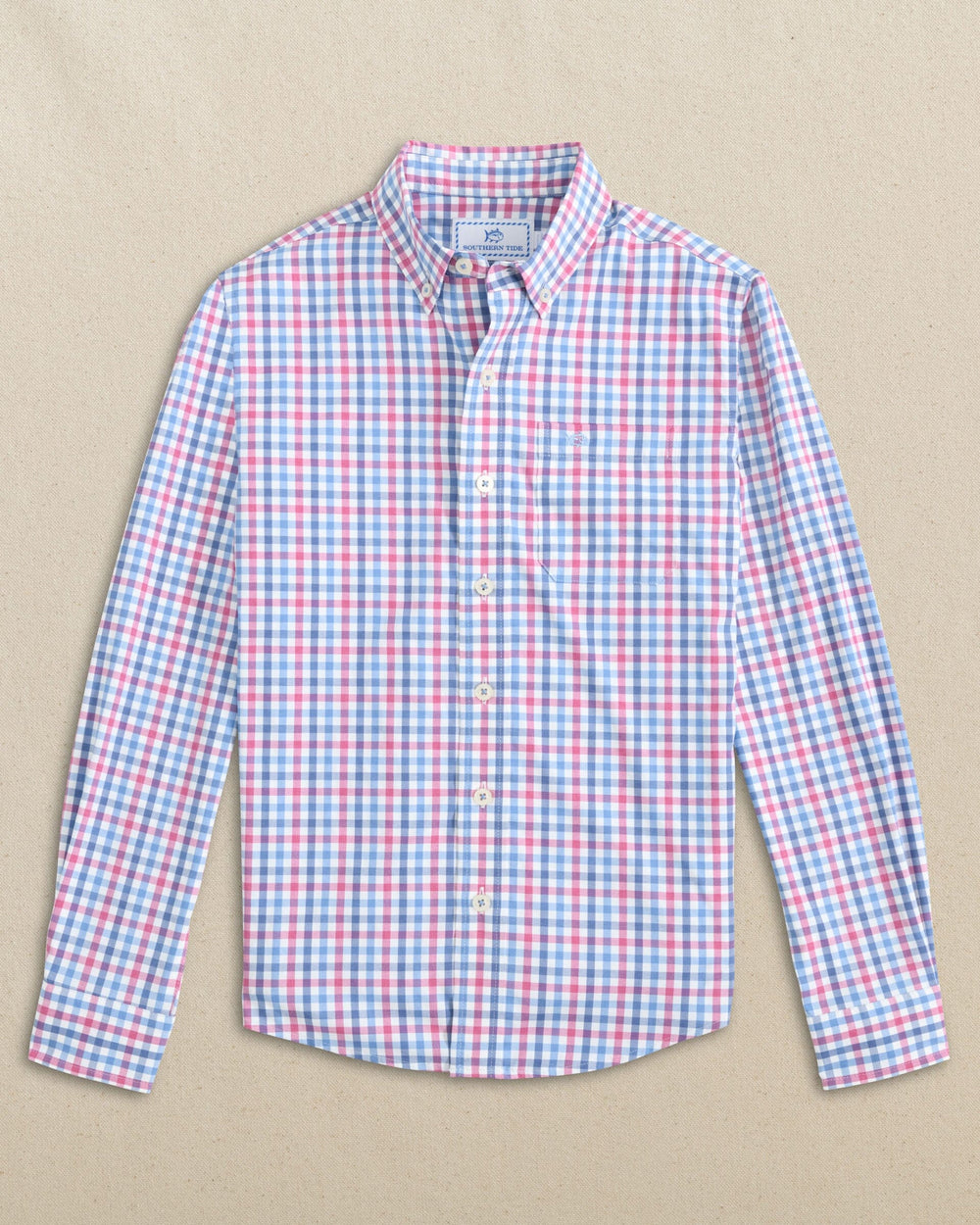 The front view of the Southern Tide Boys Willow Oak Heather Coastal Breeze® Sport Shirt by Southern Tide - Heather Boat Lily