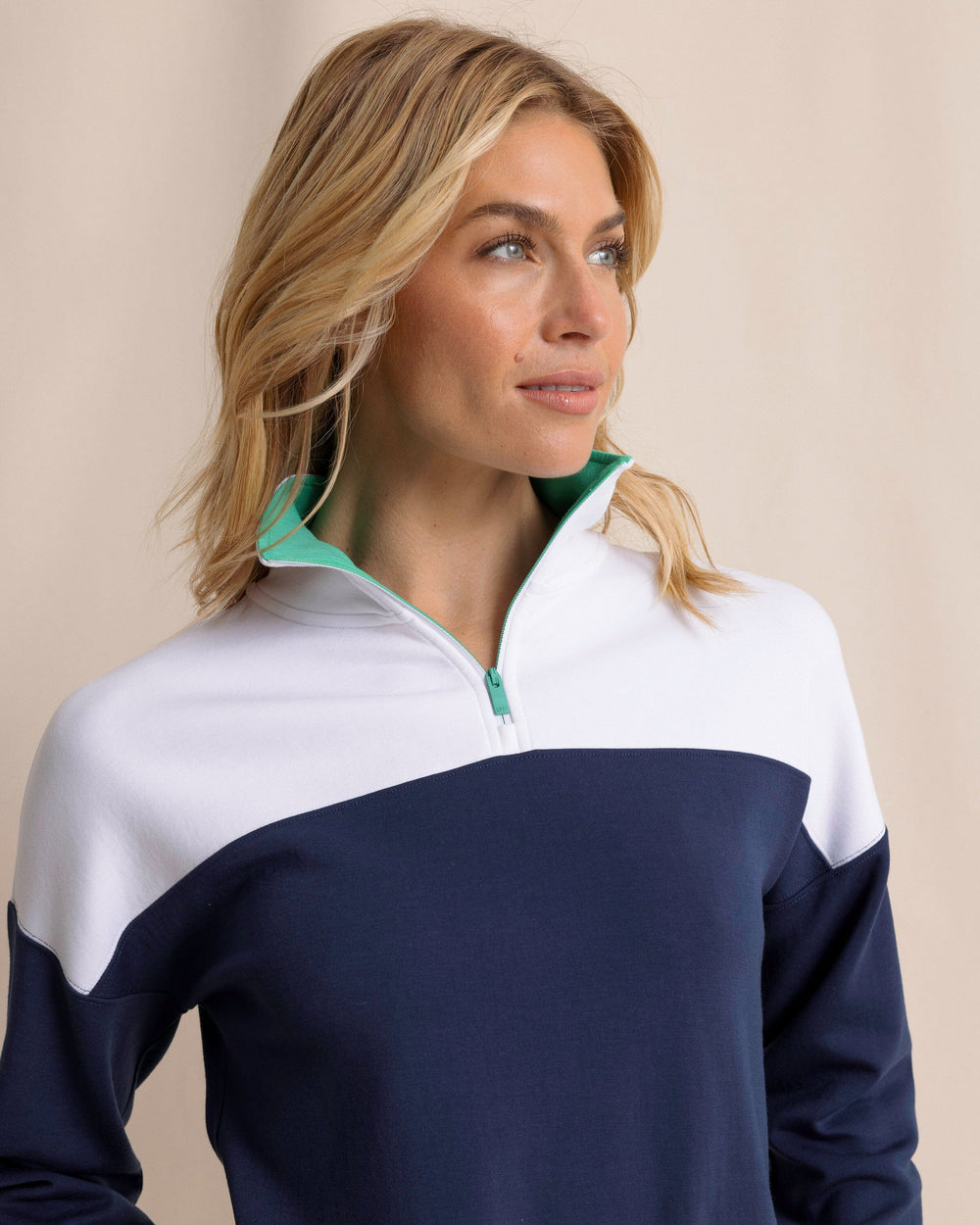 The front detail view of the Southern Tide Braylyn Zip Pullover by Southern Tide - Dress Blue