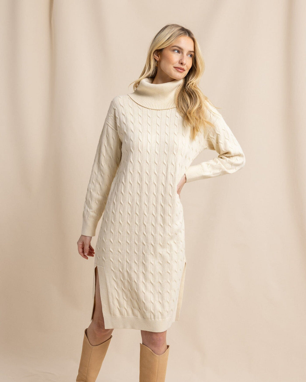 The front view of the Southern Tide Brea Sweater Dress by Southern Tide - Sand White