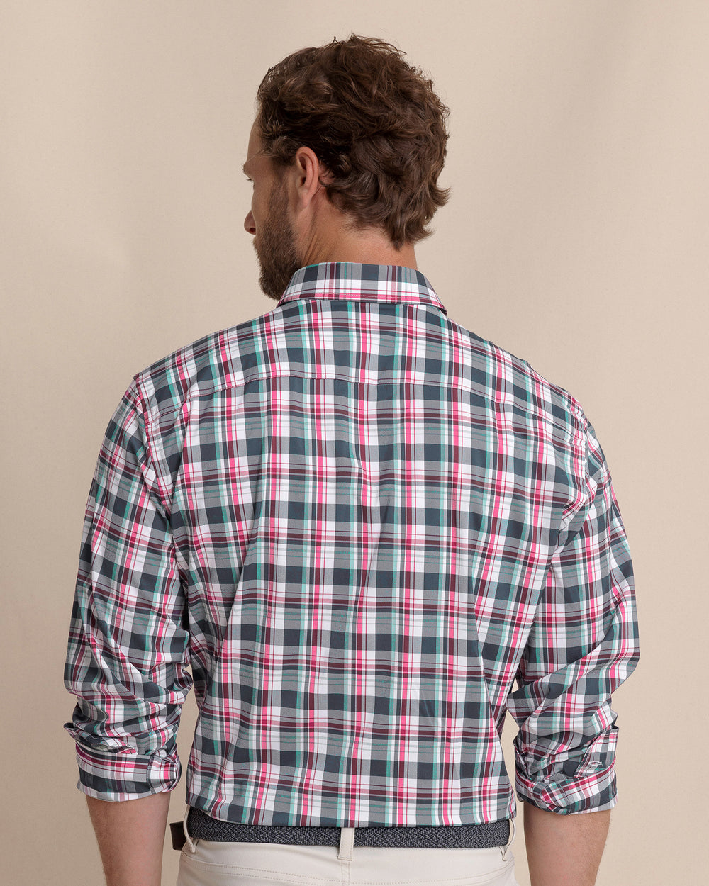 The back view of the Southern Tide Breakwater Plaid brrr°® Intercoastal Long Sleeve Sport Shirt by Southern Tide - Dress Blue
