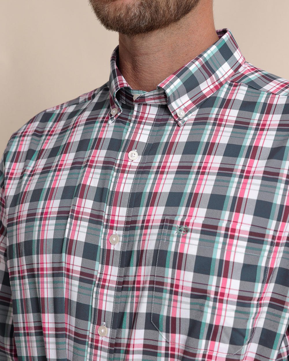 The detail view of the Southern Tide Breakwater Plaid brrr°® Intercoastal Long Sleeve Sport Shirt by Southern Tide - Dress Blue