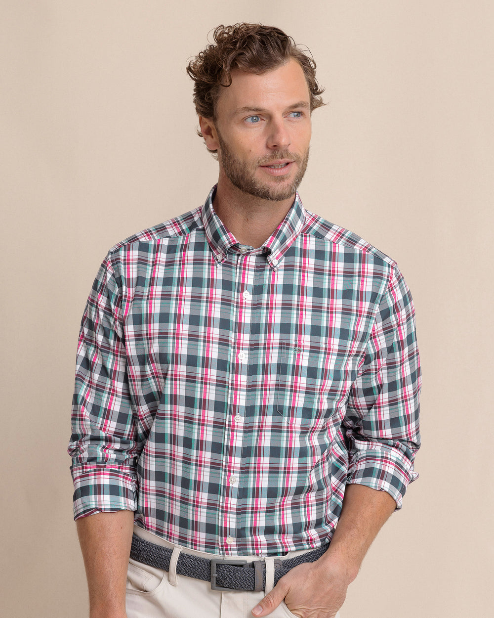 The front view of the Southern Tide Breakwater Plaid brrr°® Intercoastal Long Sleeve Sport Shirt by Southern Tide - Dress Blue