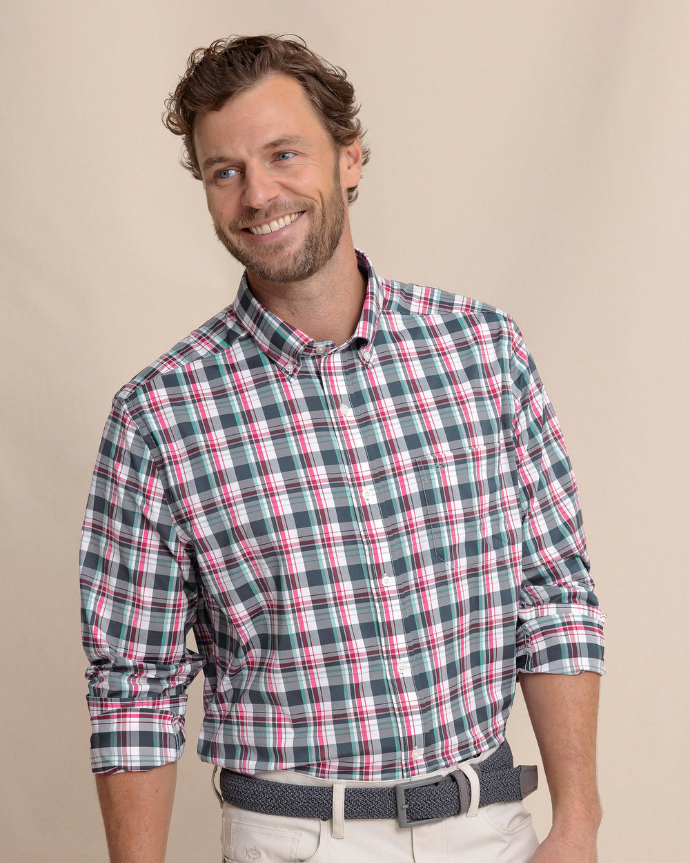 The front side view of the Southern Tide Breakwater Plaid brrr°® Intercoastal Long Sleeve Sport Shirt by Southern Tide - Dress Blue